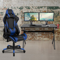 Flash Furniture BLN-X20D1904-BL-GG Black Gaming Desk and Blue/Black Reclining Gaming Chair Set with Cup Holder, Headphone Hook & 2 Wire Management Holes